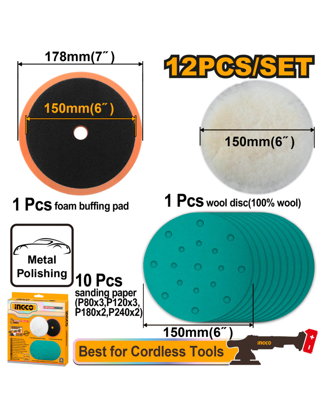 Jeu de polissage et de meulage INGCO APG15012