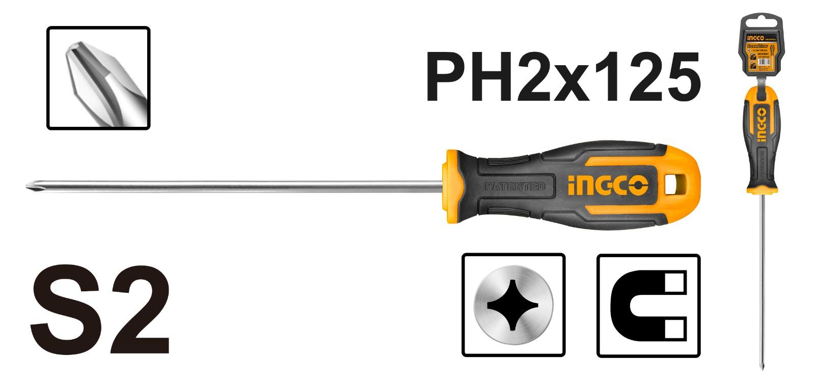 Tournevis Phillips PH2 D: 6mm L:125 INGCO HS68PH2125