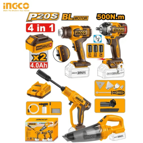 Pack 4 Machines Decapeur + Boulonneuse1/2 + Nettoyeur + Aspirateur à Batterie - INGCO COSLI250208