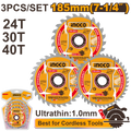 Coffret de 3 Lames de Scie Circulaire 185mm INGCO TSB18503