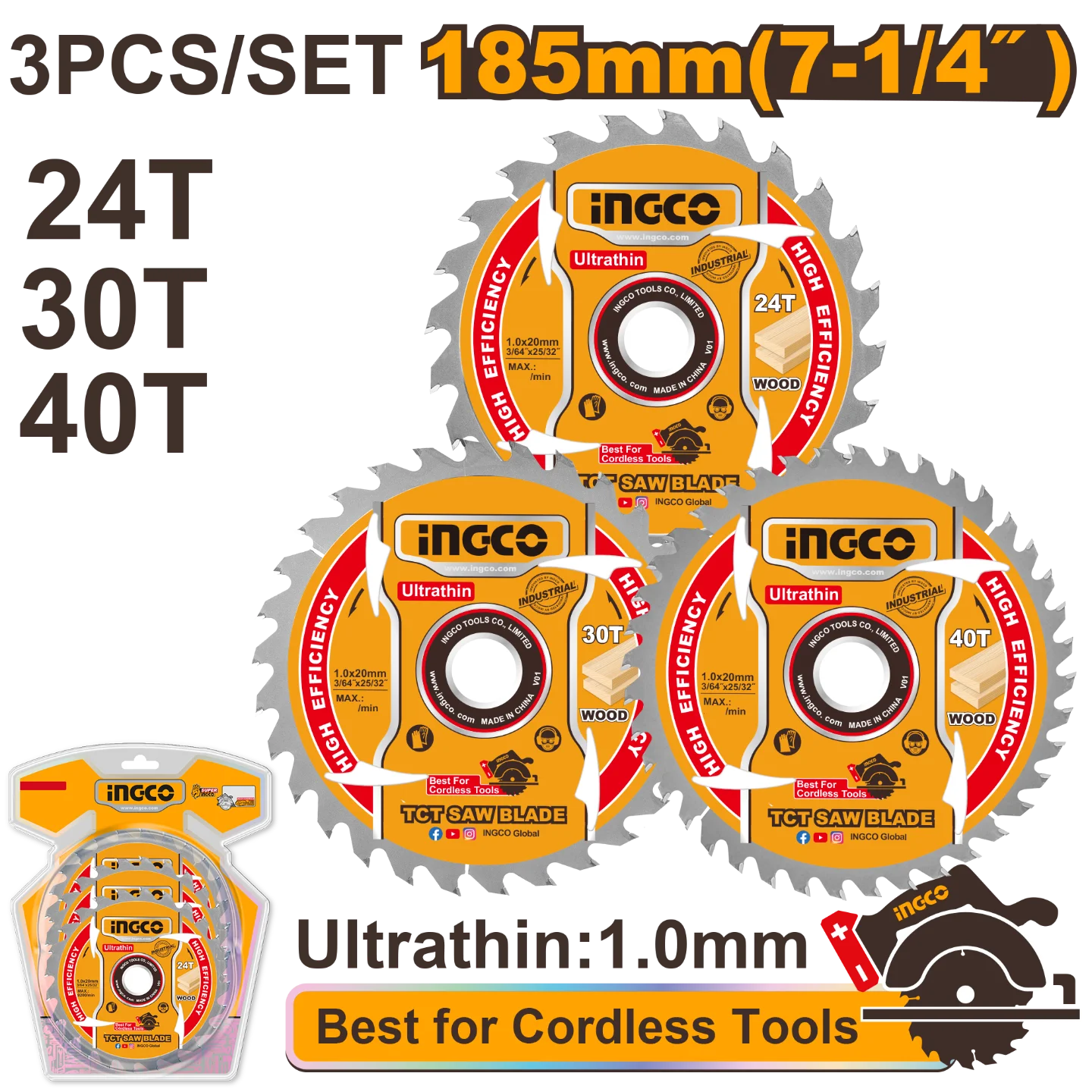 Coffret de 3 Lames de Scie Circulaire 185mm INGCO TSB18503