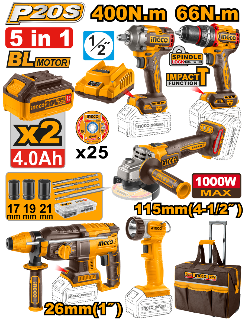 Pack Valise De 5 Machines 20V Ingco INGCO CKLI2059
